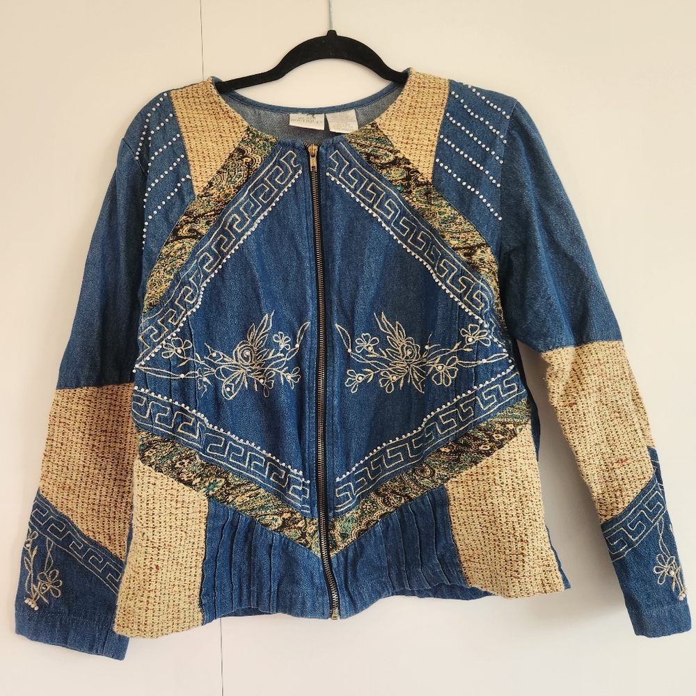 Blair Boutique Patchwork Denim Jacket Embroidered Boho Zip Front